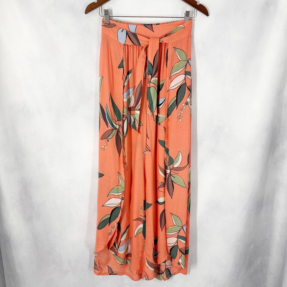 Lascana Tropical Leaf Print Orange Wrap Front Open Wide Leg Pants Womens Size 4